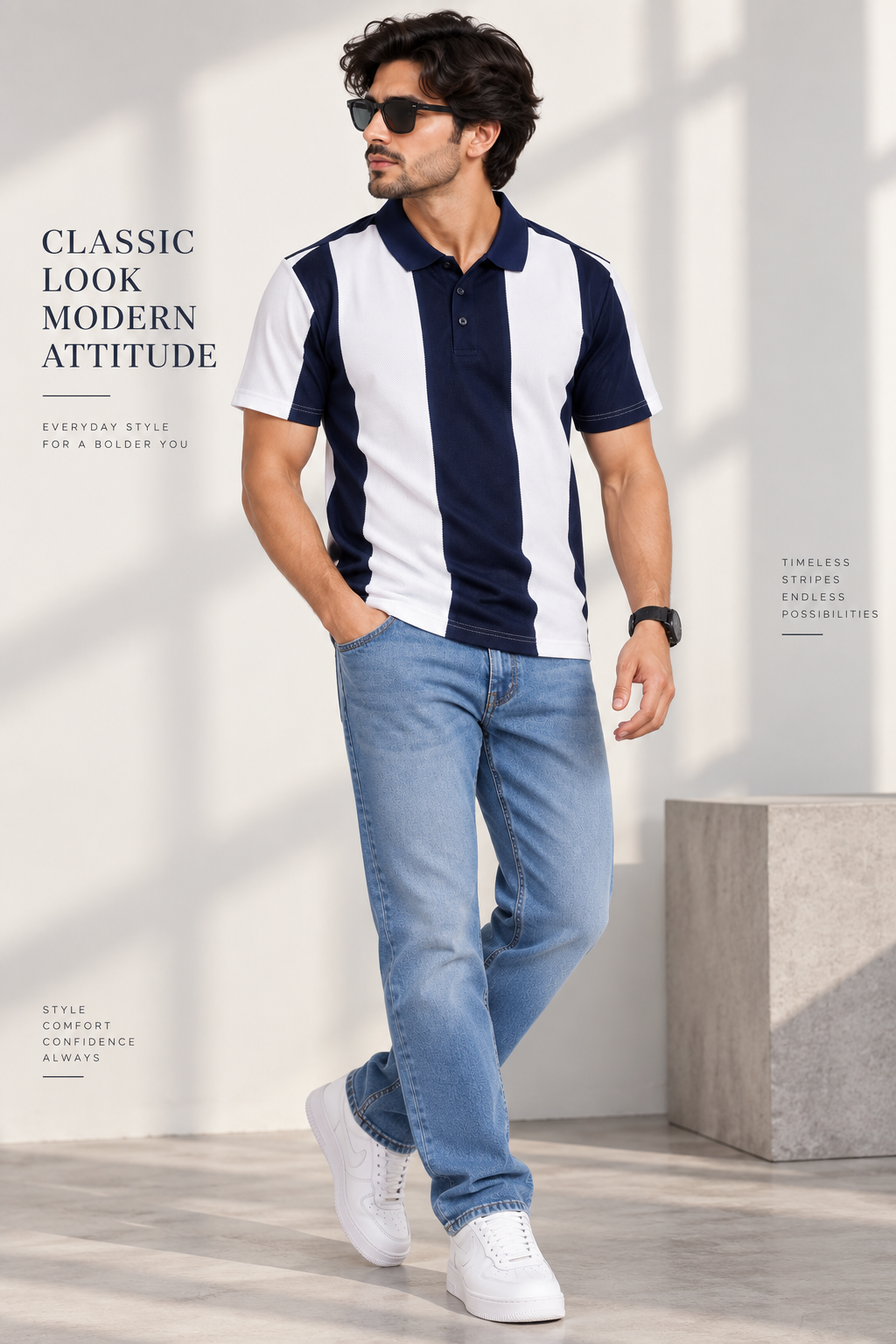 HILLDORF dark blue and white striped polo lifestyle look