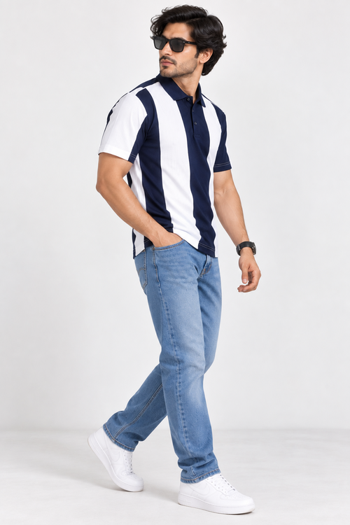 HILLDORF dark blue and white striped polo t-shirt on model