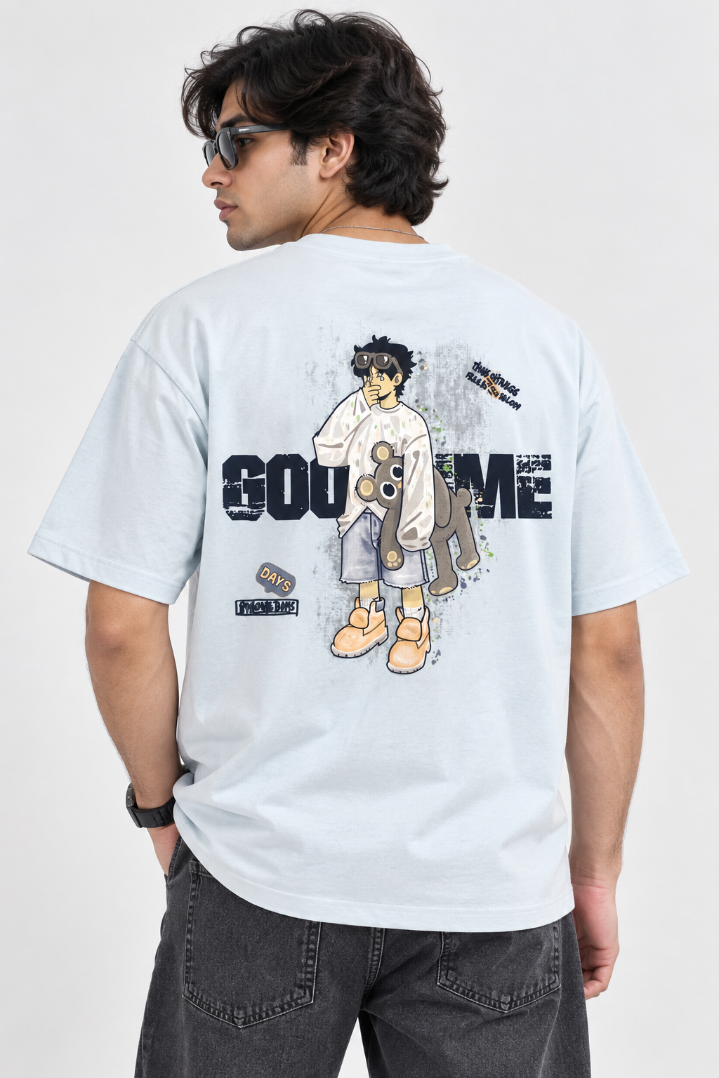HILLDORF men's light blue printed T-shirt back studio