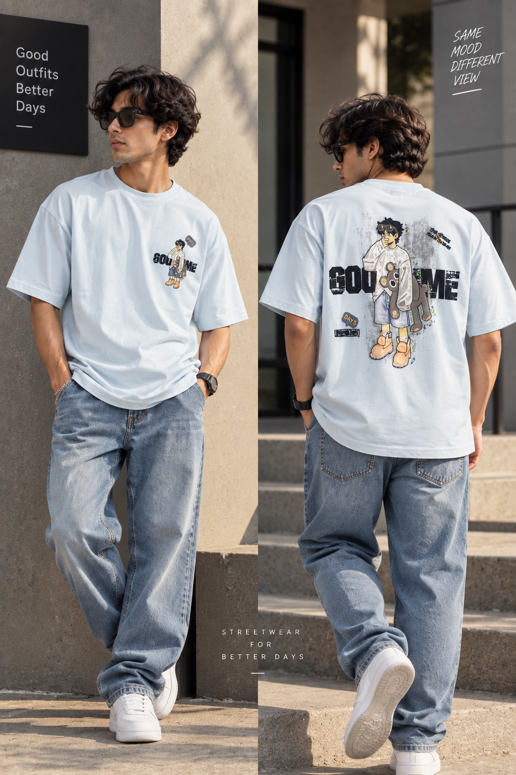 HILLDORF men's light blue printed T-shirt front and back comparison