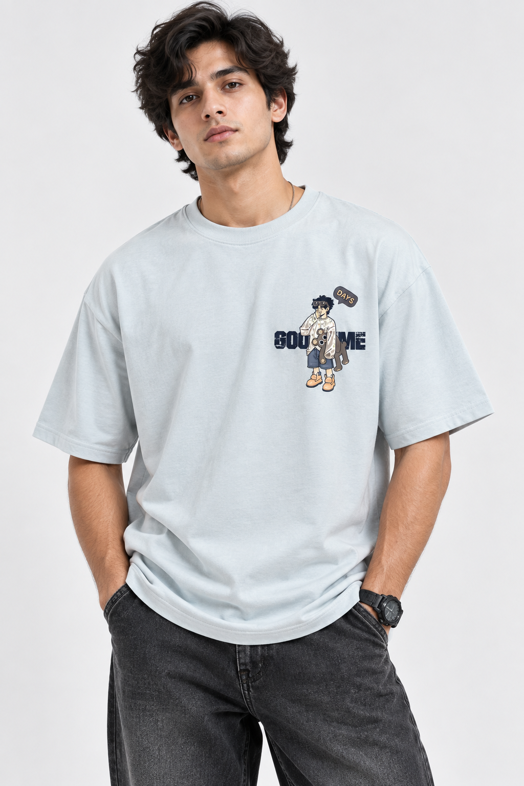 HILLDORF men's light blue printed T-shirt front lifestyle