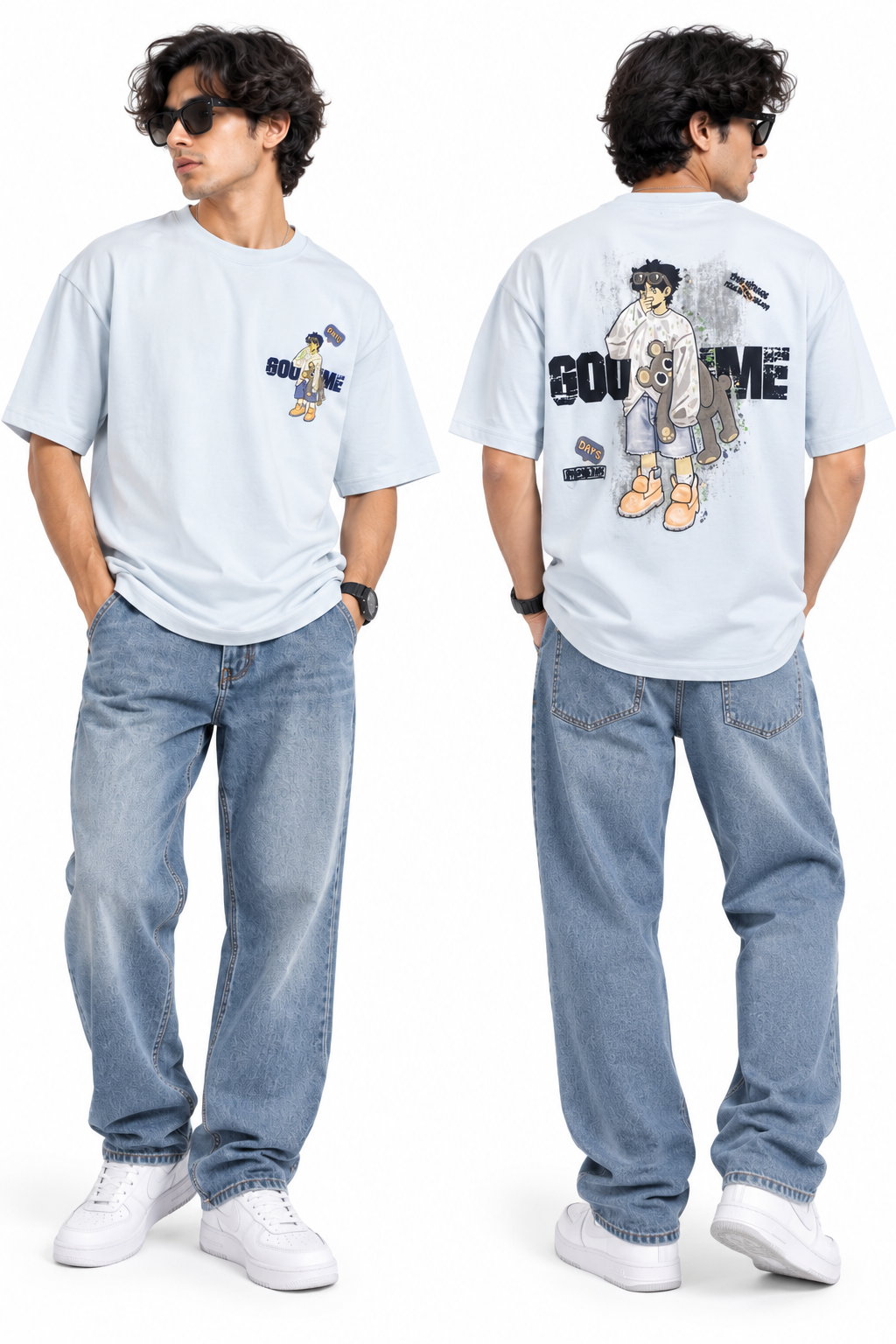 HILLDORF men's light blue printed T-shirt front and back studio comparison