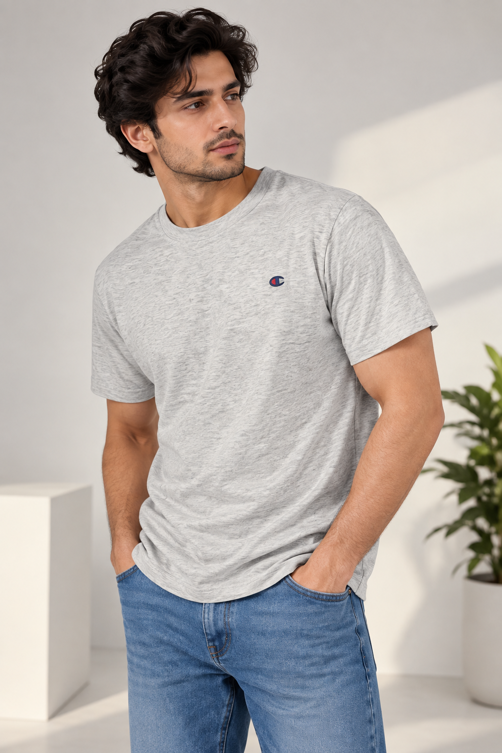 HILLDORF men's grey textured crew neck T-shirt front lifestyle