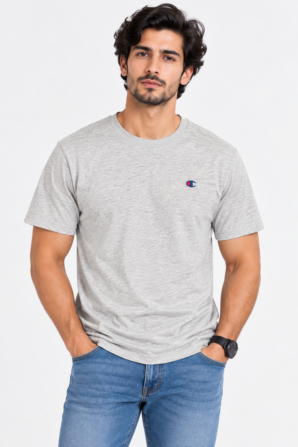 HILLDORF men's grey textured crew neck T-shirt front view