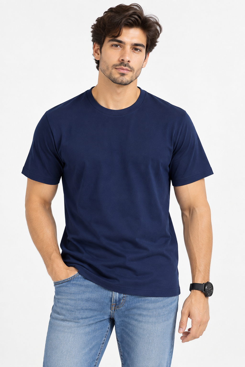 HILLDORF navy blue 100% cotton crew neck t-shirt front view