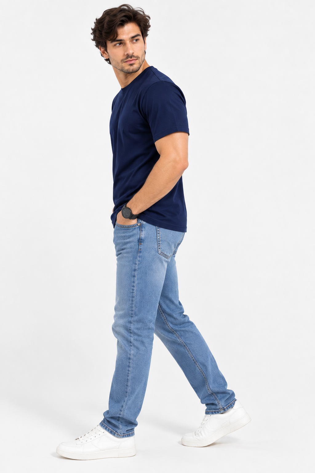 HILLDORF navy blue 100% cotton crew neck t-shirt side view
