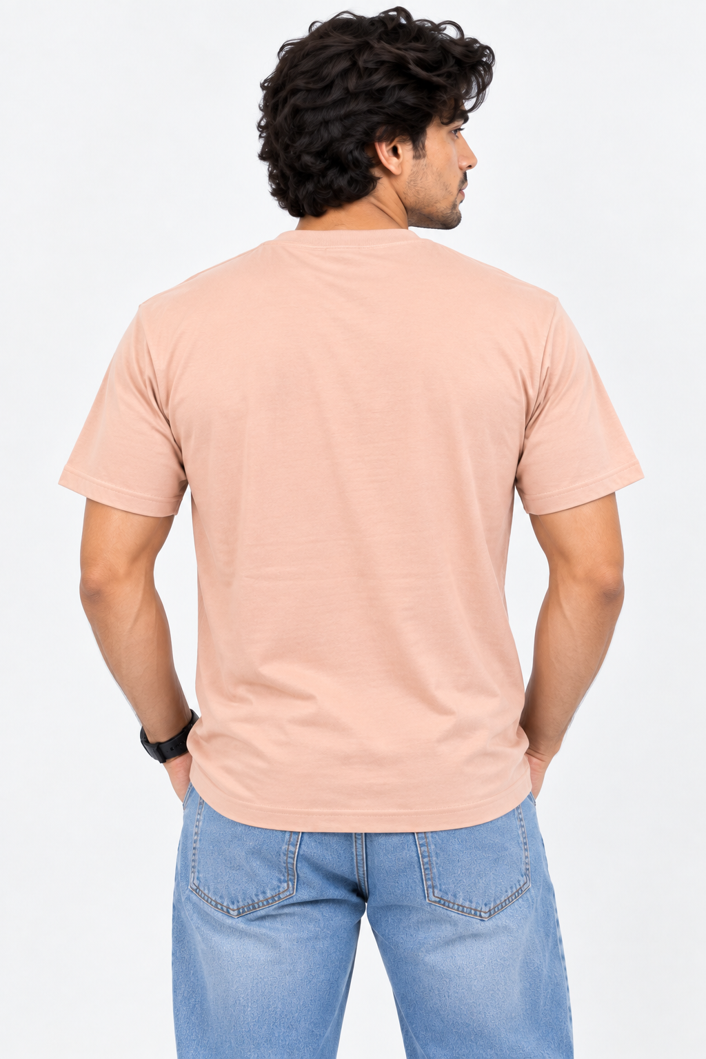 HILLDORF men's peach plain cotton T-shirt back view