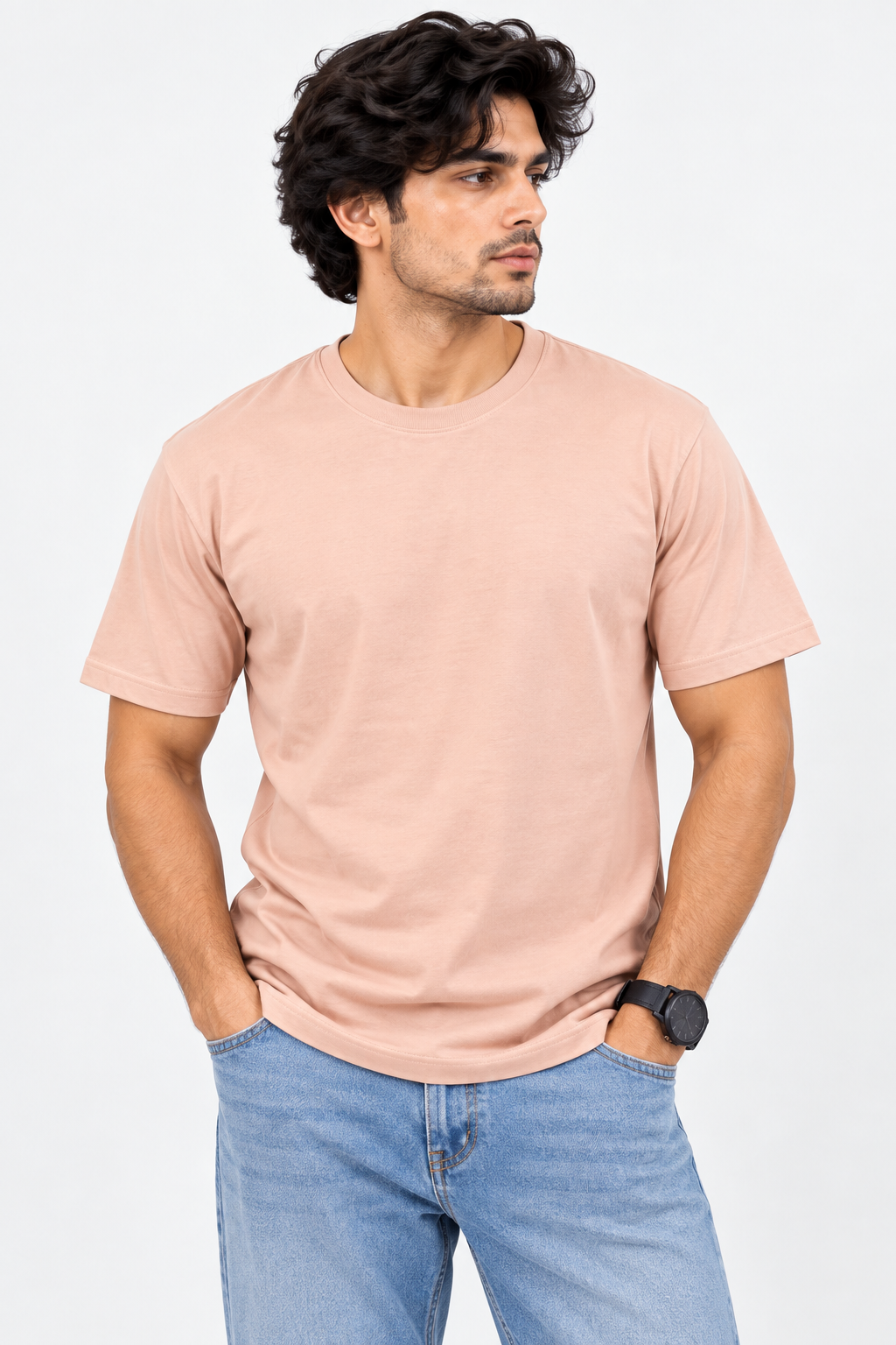HILLDORF men's peach plain 100% cotton crew neck T-shirt front view