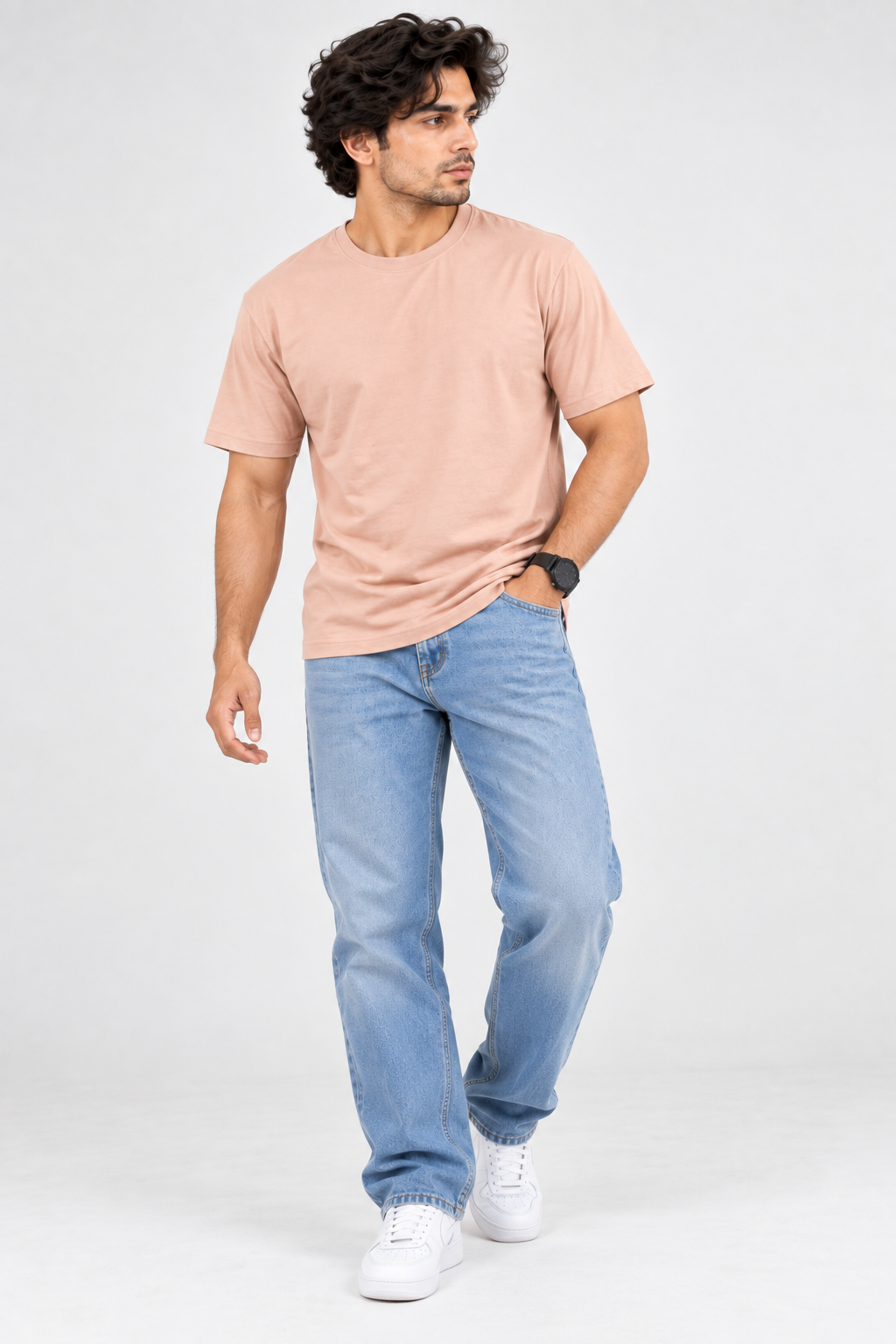 HILLDORF men's peach plain crew neck cotton T-shirt full body