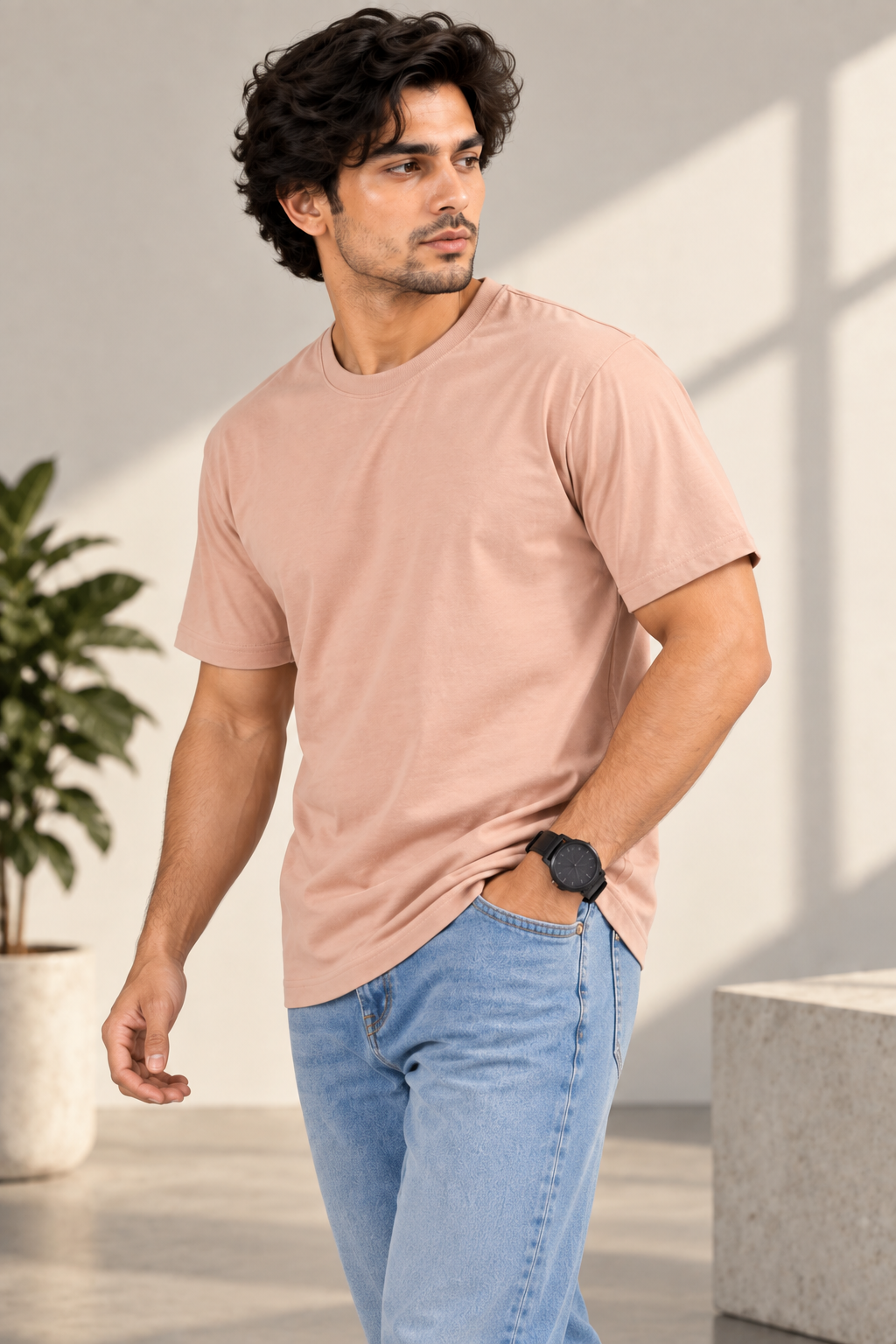 HILLDORF men's peach plain cotton T-shirt lifestyle close view