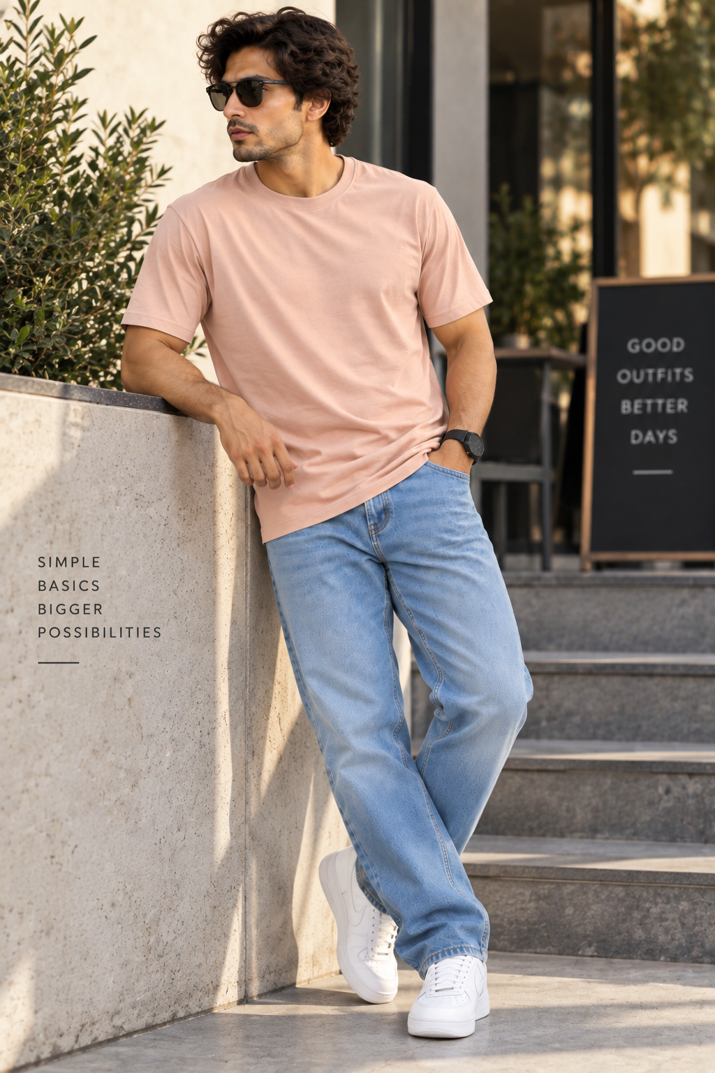 HILLDORF men's peach cotton T-shirt lifestyle outfit