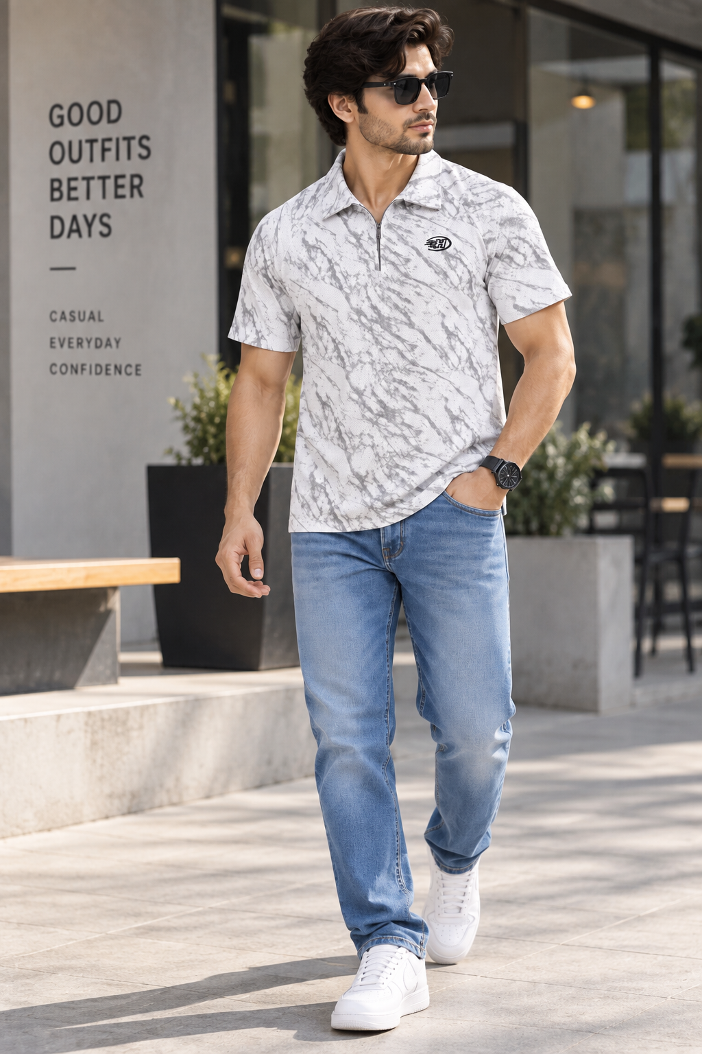 HILLDORF white marble print half-zip polo t-shirt for men