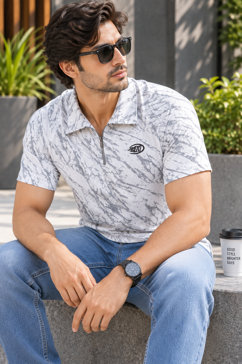 HILLDORF white marble print polo t-shirt close-up