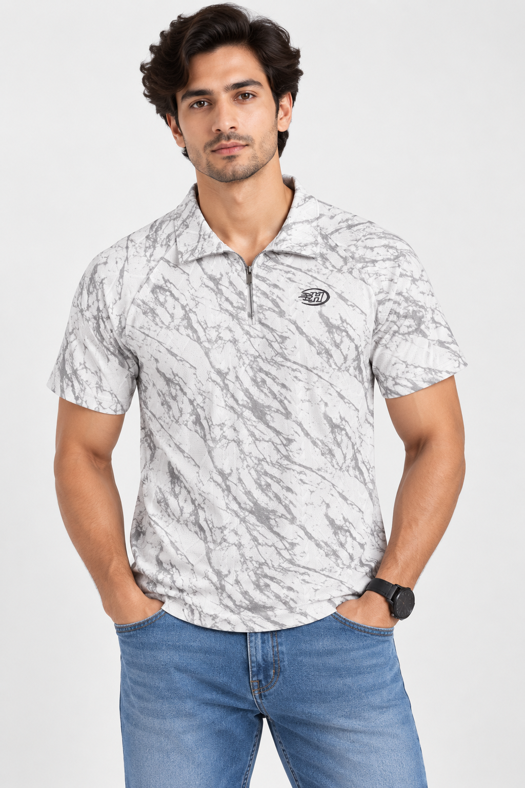 HILLDORF white marble print polo t-shirt front studio