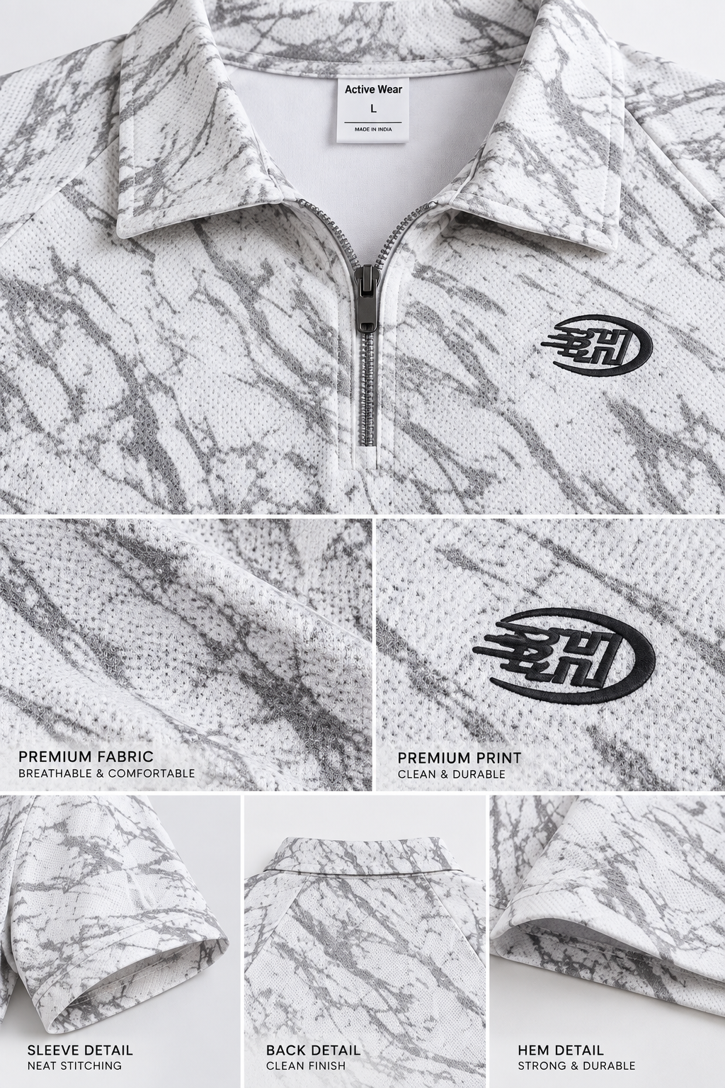 HILLDORF white marble print polo t-shirt fabric and stitching detail