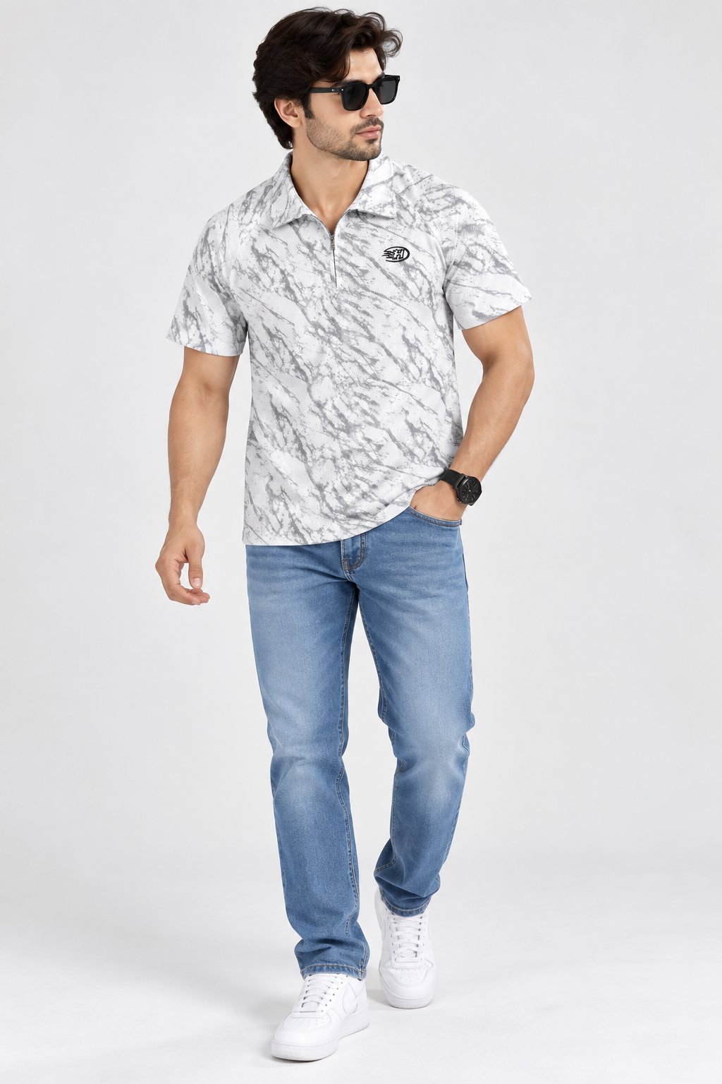 HILLDORF white marble print polo t-shirt full body