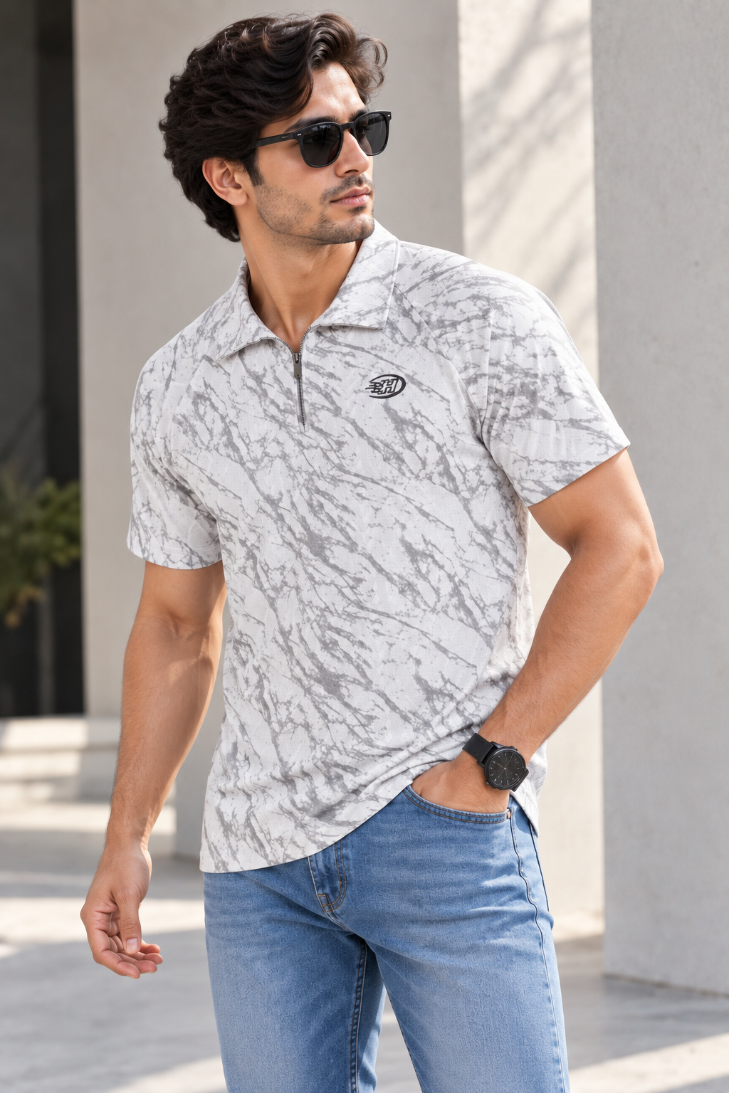HILLDORF white marble print polo t-shirt lifestyle