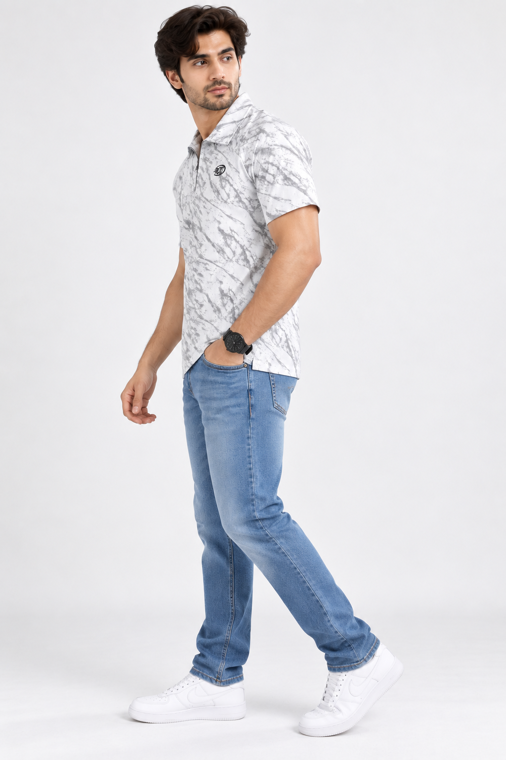 HILLDORF white marble print polo t-shirt side view